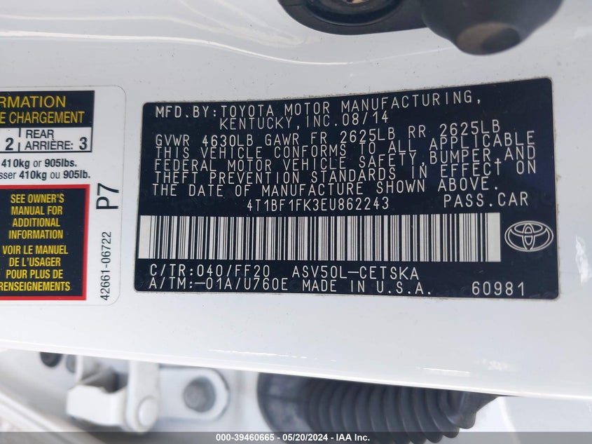 2014 Toyota Camry L/Se/Le/Xle VIN: 4T1BF1FK3EU862243 Lot: 39460665