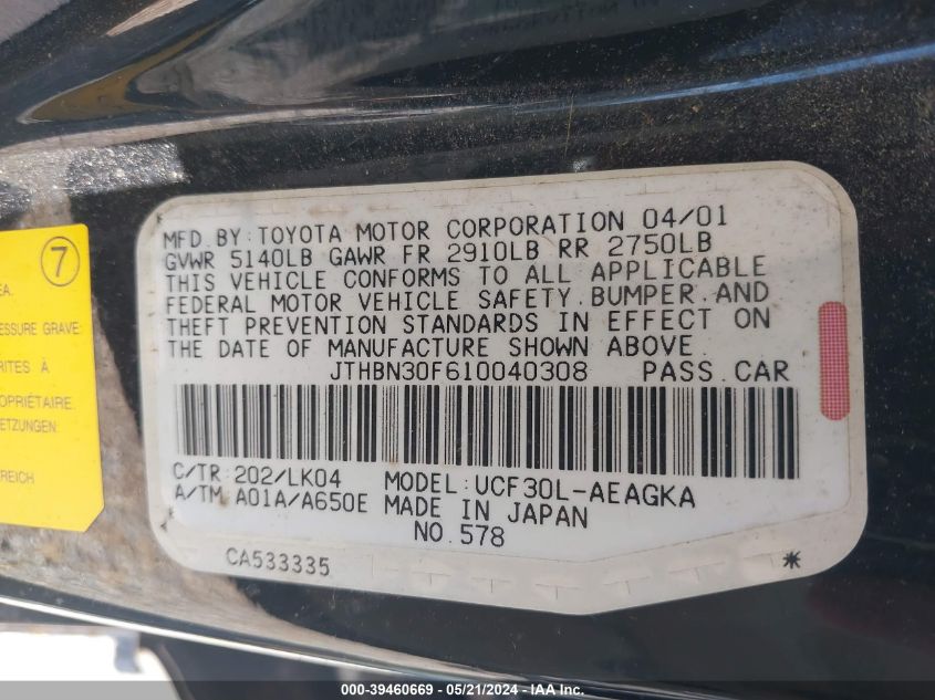 2001 Lexus Ls 430 VIN: JTHBN30F610040308 Lot: 39460669