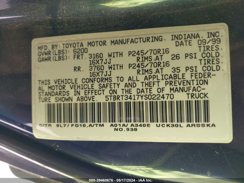 2000 Toyota Tundra Sr5 V8 VIN: 5TBRT3417YS022470 Lot: 39460676