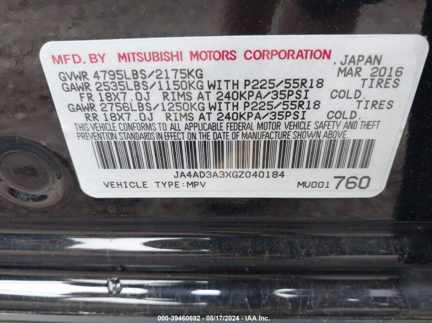 2016 Mitsubishi Outlander Se/Sel VIN: JA4AD3A3XGZ040184 Lot: 39460692