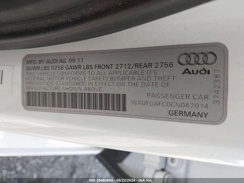 2012 Audi A6 3.0 Premium VIN: WAUFGAFC0CN047014 Lot: 39460698