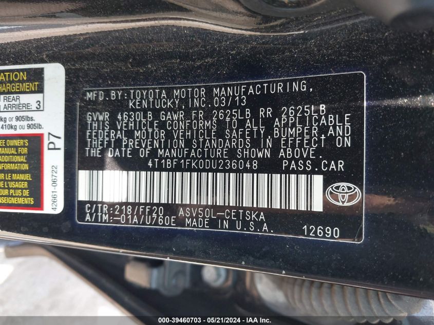 2013 Toyota Camry Se VIN: 4T1BF1FK0DU236048 Lot: 39460703