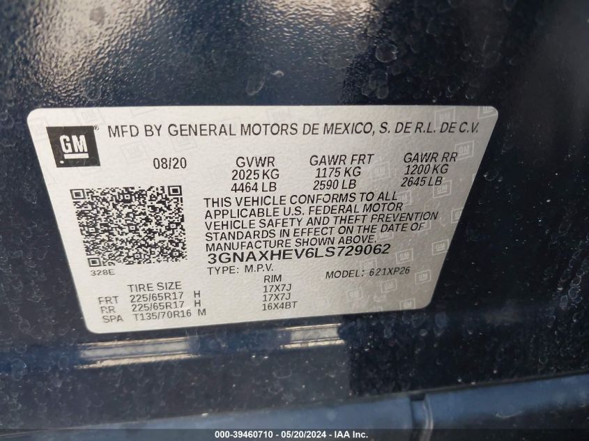 2020 Chevrolet Equinox Fwd Ls VIN: 3GNAXHEV6LS729062 Lot: 39460710