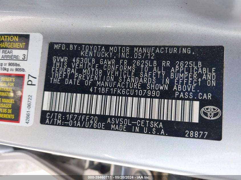 2012 Toyota Camry Se VIN: 4T1BF1FK6CU107990 Lot: 39460711