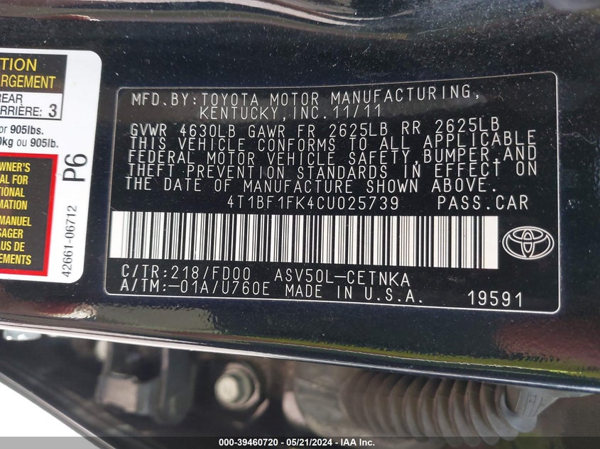 2012 Toyota Camry Le VIN: 4T1BF1FK4CU025739 Lot: 39460720