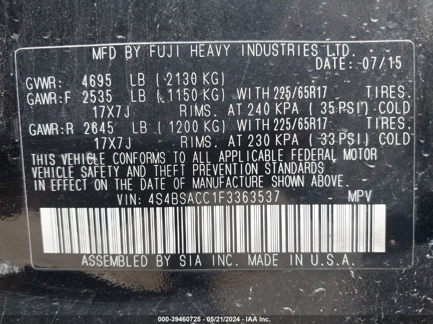 2015 Subaru Outback 2.5I Premium VIN: 4S4BSACC1F3363537 Lot: 39460725