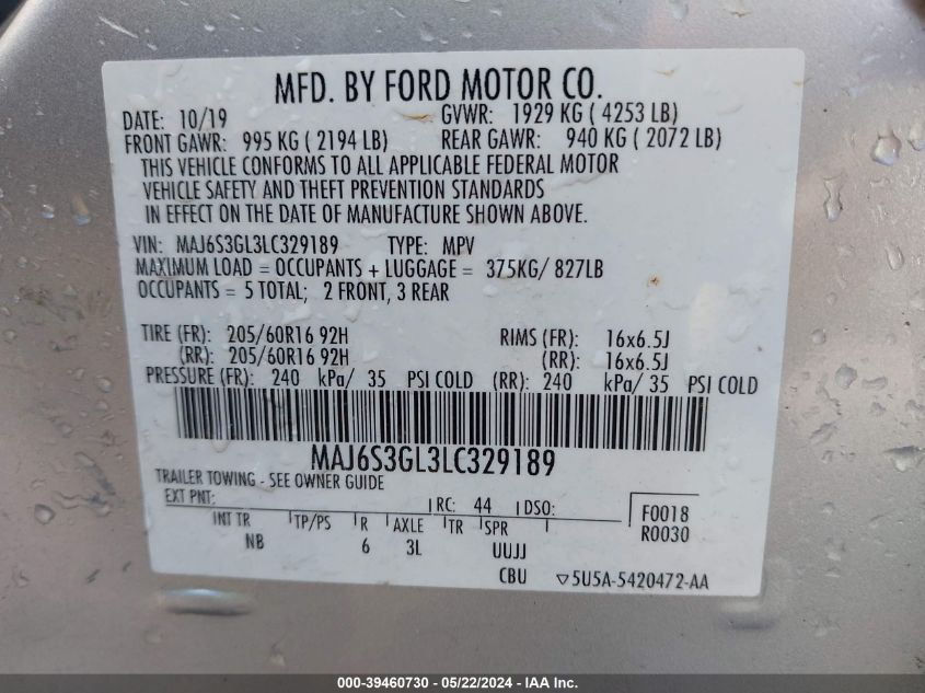 2020 Ford Ecosport Se VIN: MAJ6S3GL3LC329189 Lot: 39460730