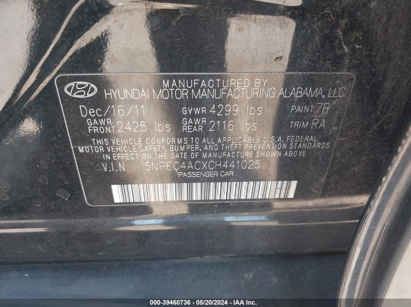 2012 Hyundai Sonata Limited VIN: 5NPEC4ACXCH441025 Lot: 39460736