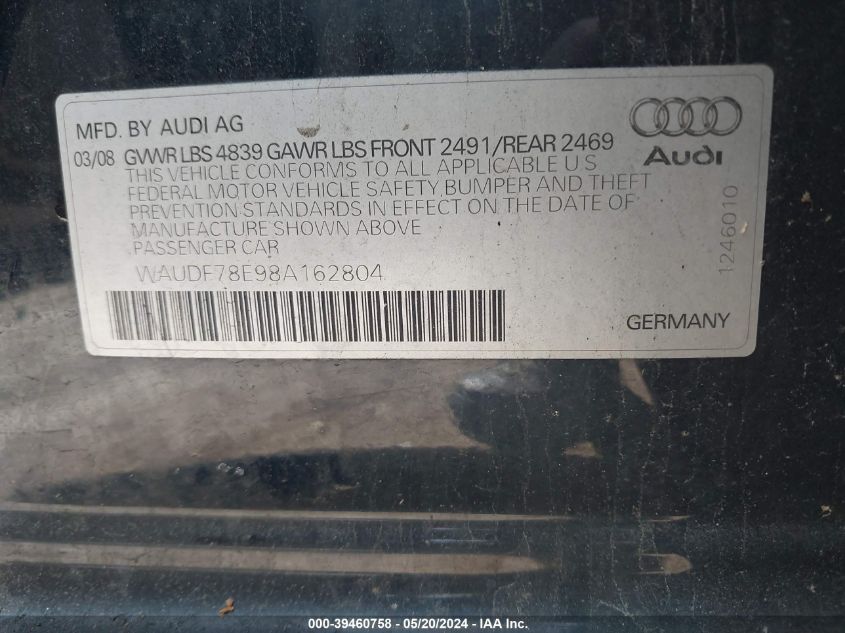 2008 Audi A4 2.0T/2.0T Special Edition VIN: WAUDF78E98A162804 Lot: 39460758