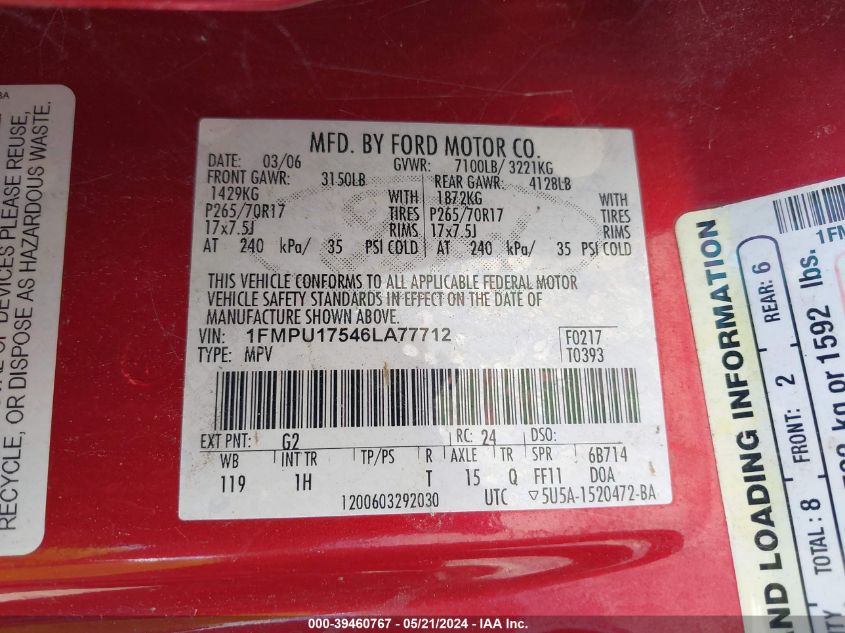 2006 Ford Expedition Eddie Bauer/King Ranch VIN: 1FMPU17546LA77712 Lot: 39460767