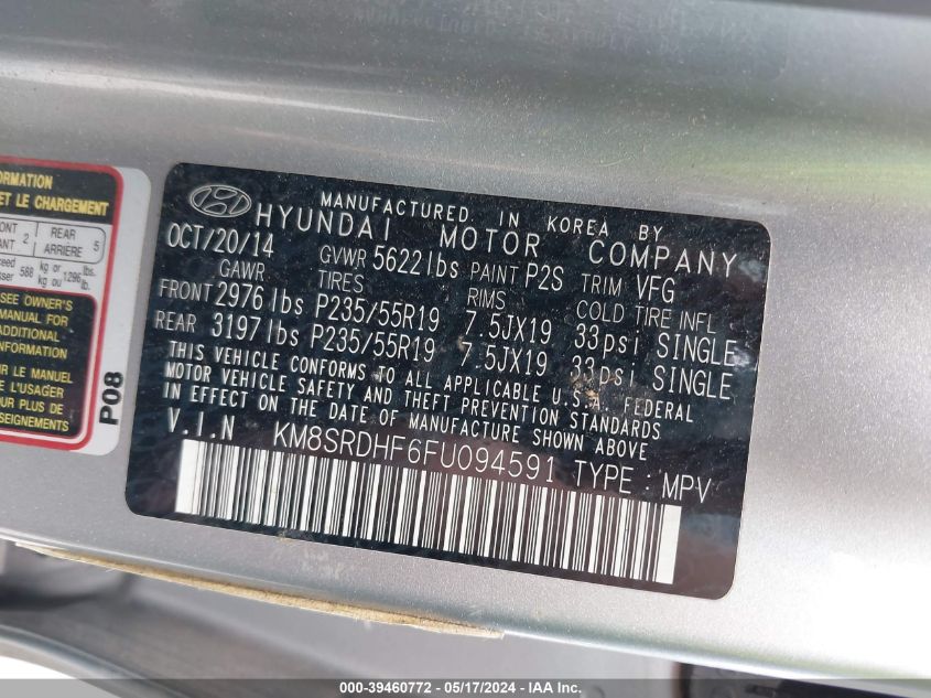 2015 Hyundai Santa Fe Gls VIN: KM8SRDHF6FU094591 Lot: 39460772