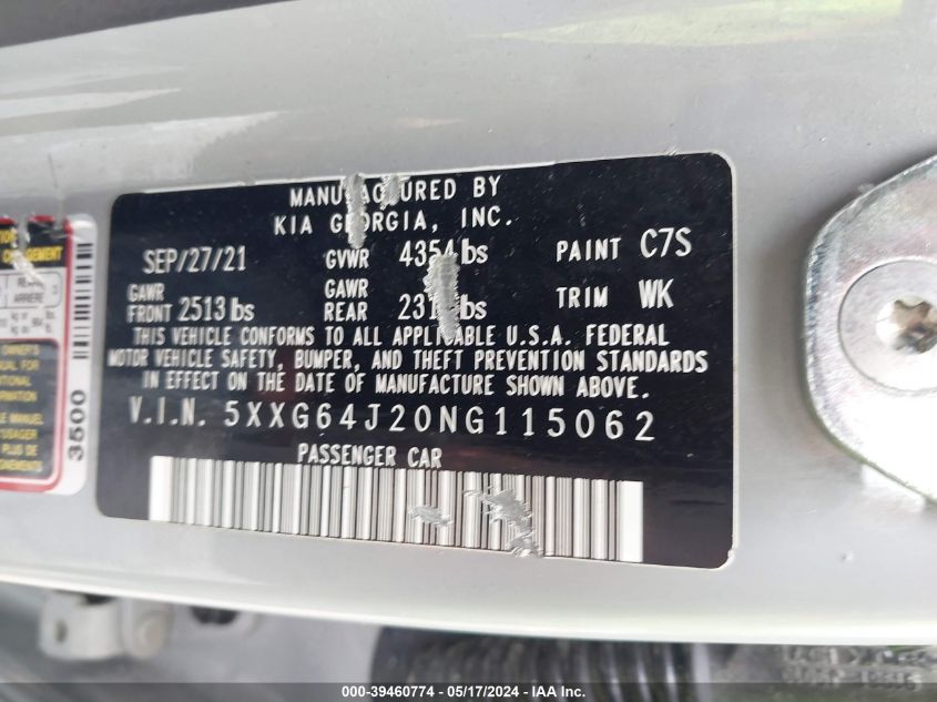 2022 Kia K5 Gt-Line VIN: 5XXG64J20NG115062 Lot: 39460774