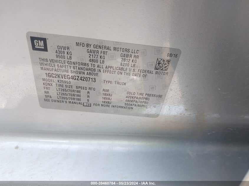 2016 Chevrolet Silverado 2500Hd Lt VIN: 1GC2KVEG4GZ420713 Lot: 39460784