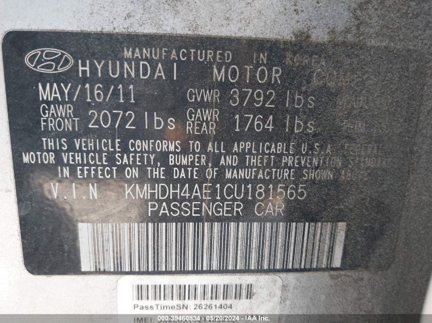 2012 Hyundai Elantra Gls (Ulsan Plant) VIN: KMHDH4AE1CU181565 Lot: 39460834