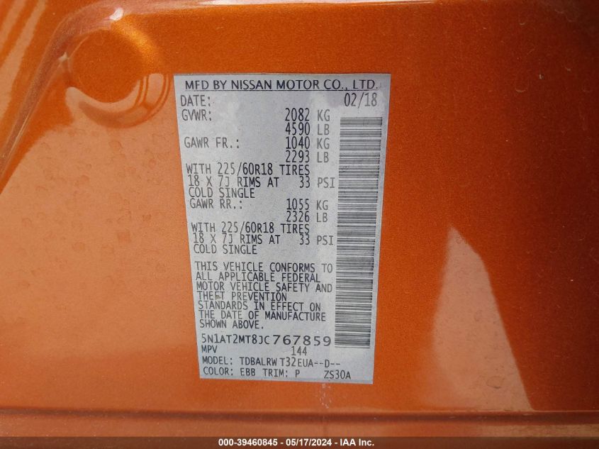 2018 Nissan Rogue Sl VIN: 5N1AT2MT8JC767859 Lot: 39460845