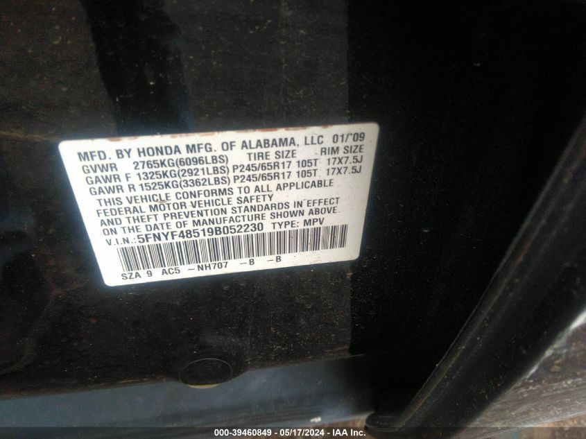 2009 Honda Pilot Ex-L VIN: 5FNYF48519B052230 Lot: 39460849