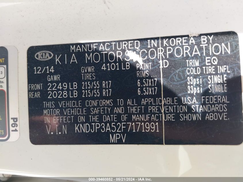 2015 Kia Soul + VIN: KNDJP3A52F7171991 Lot: 39460852
