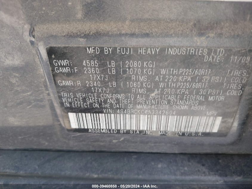 2010 Subaru Outback 2.5I Limited VIN: 4S4BRCKC4A3342604 Lot: 39460858