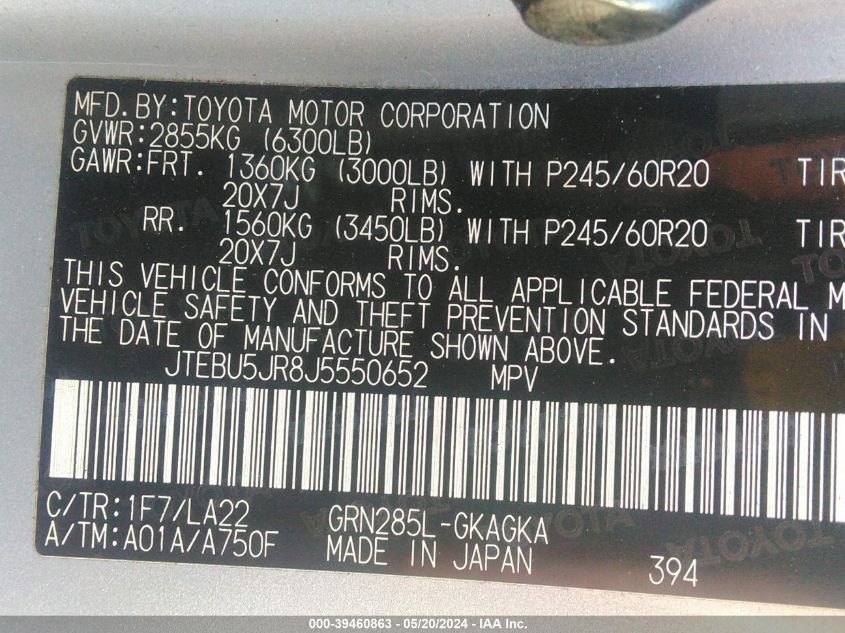 2018 Toyota 4Runner Limited VIN: JTEBU5JR8J5550652 Lot: 39460863