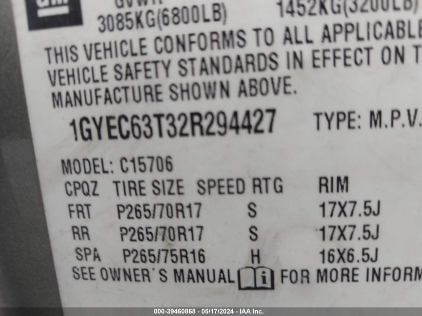 2002 Cadillac Escalade Standard VIN: 1GYEC63T32R294427 Lot: 39460868