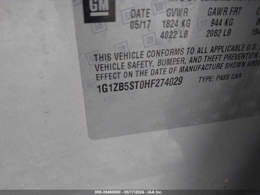 2017 Chevrolet Malibu Ls VIN: 1G1ZB5ST0HF274029 Lot: 39460880