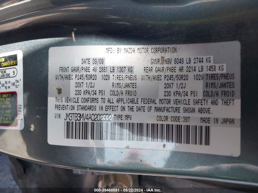 2010 Mazda Cx-9 Grand Touring VIN: JM3TB3MV4A0202332 Lot: 39460881