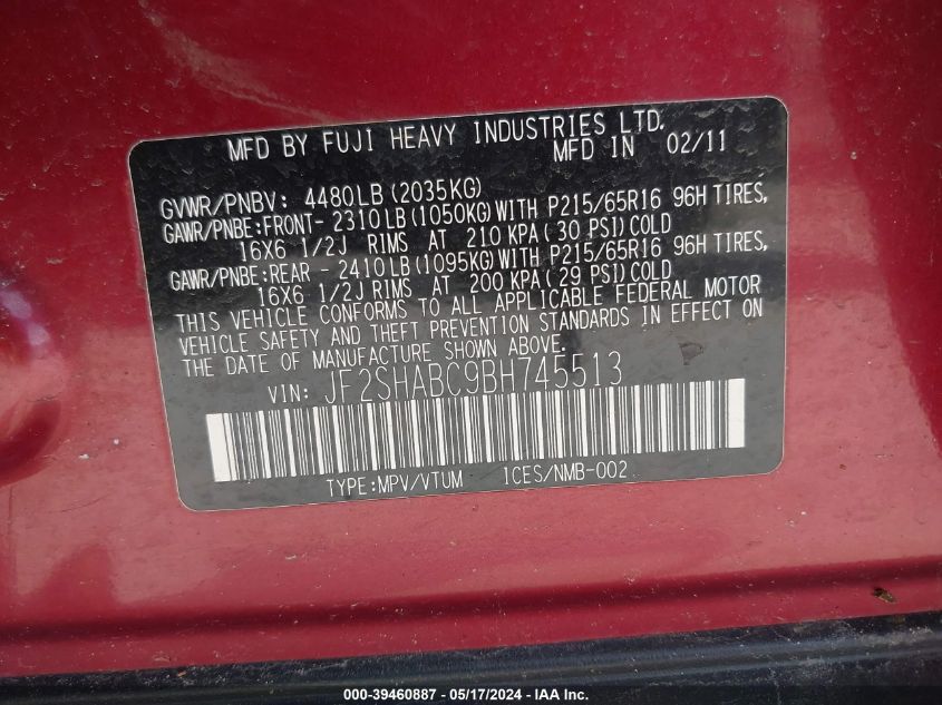 2011 Subaru Forester 2.5X VIN: JF2SHABC9BH745513 Lot: 39460887
