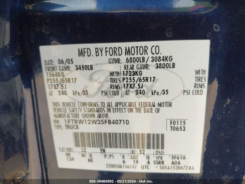 2005 Ford F-150 Xlt VIN: 1FTRW12W35FB40710 Lot: 39460892