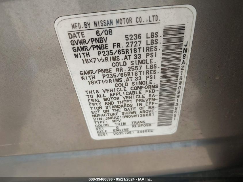 2009 Nissan Murano S VIN: JN8AZ18W09W139651 Lot: 39460896