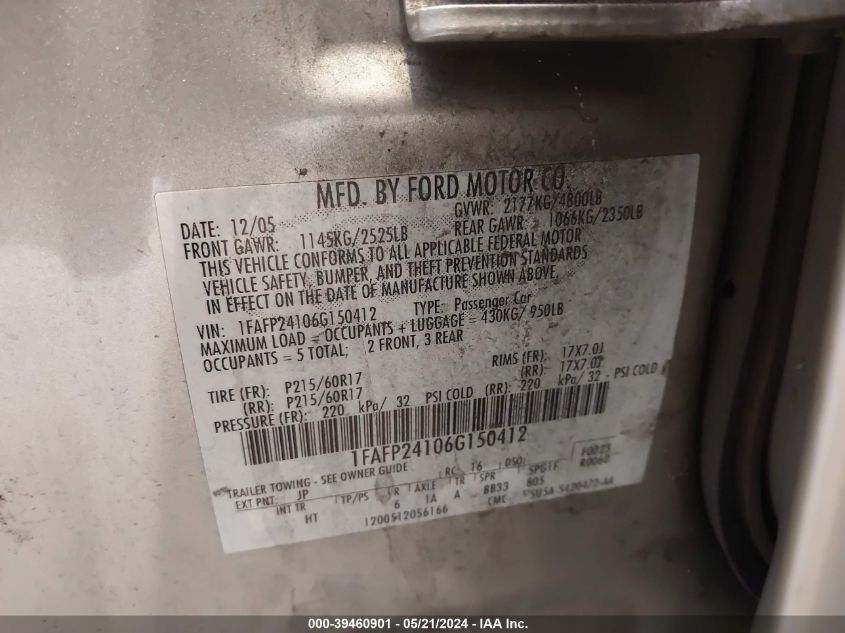 2006 Ford Five Hundred Sel VIN: 1FAFP24106G150412 Lot: 39460901