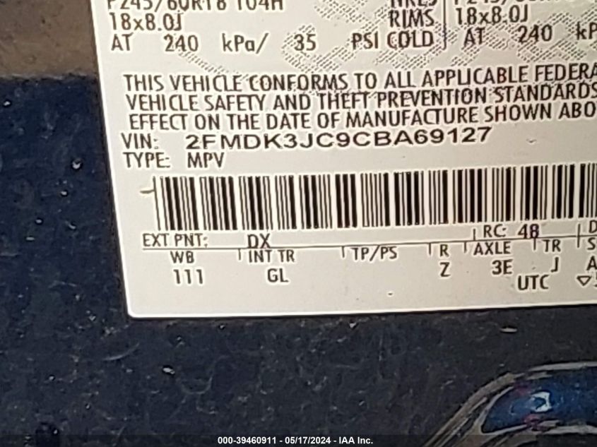 2012 Ford Edge Sel VIN: 2FMDK3JC9CBA69127 Lot: 39460911