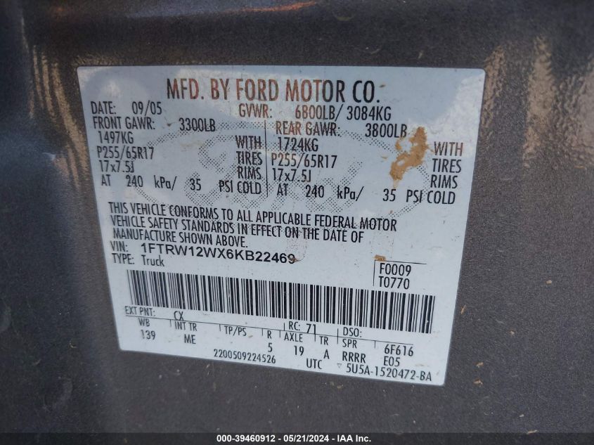 2006 Ford F-150 Xlt VIN: 1FTRW12WX6KB22469 Lot: 39460912