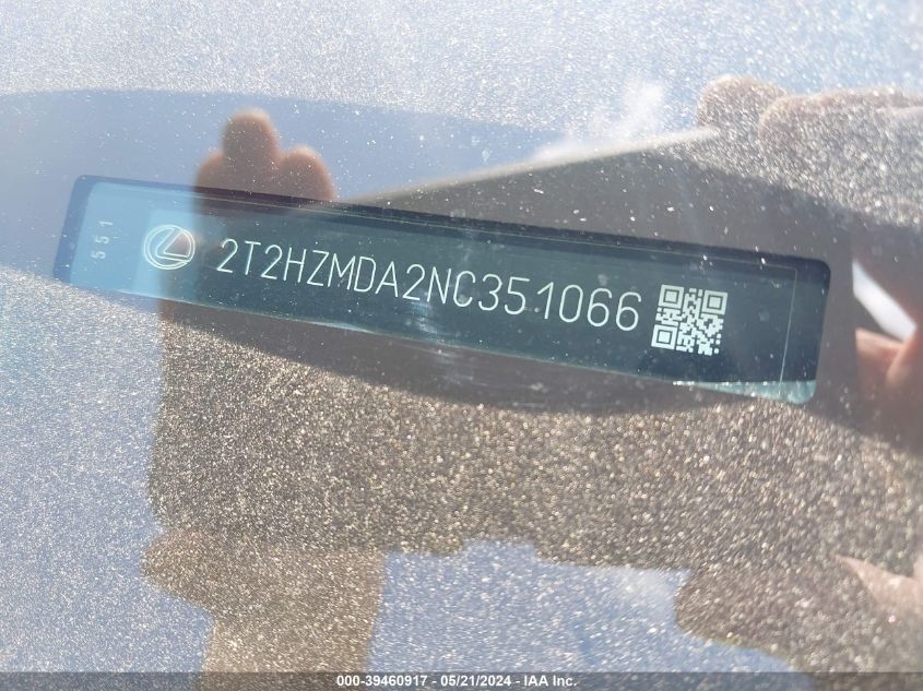 2022 Lexus Rx 350 VIN: 2T2HZMDA2NC351066 Lot: 39460917