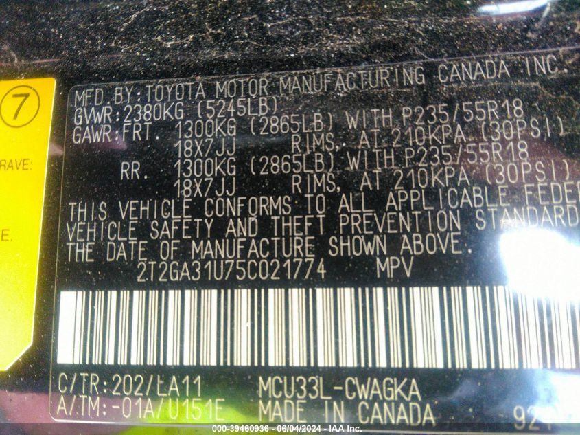 2005 Lexus Rx 330 VIN: 2T2GA31U75C021774 Lot: 39460936