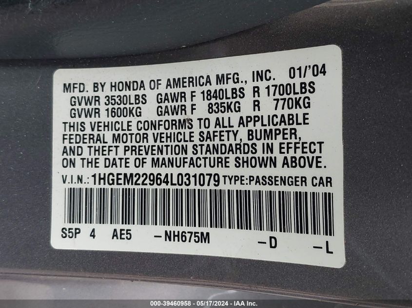 2004 Honda Civic Ex VIN: 1HGEM22964L031079 Lot: 39460958