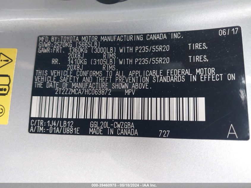 2017 Lexus Rx 350 VIN: 2T2ZZMCA7HC069872 Lot: 39460975