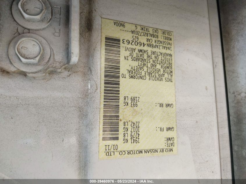 2011 Nissan Altima 2.5 S VIN: 1N4AL2AP8BN460263 Lot: 39460976