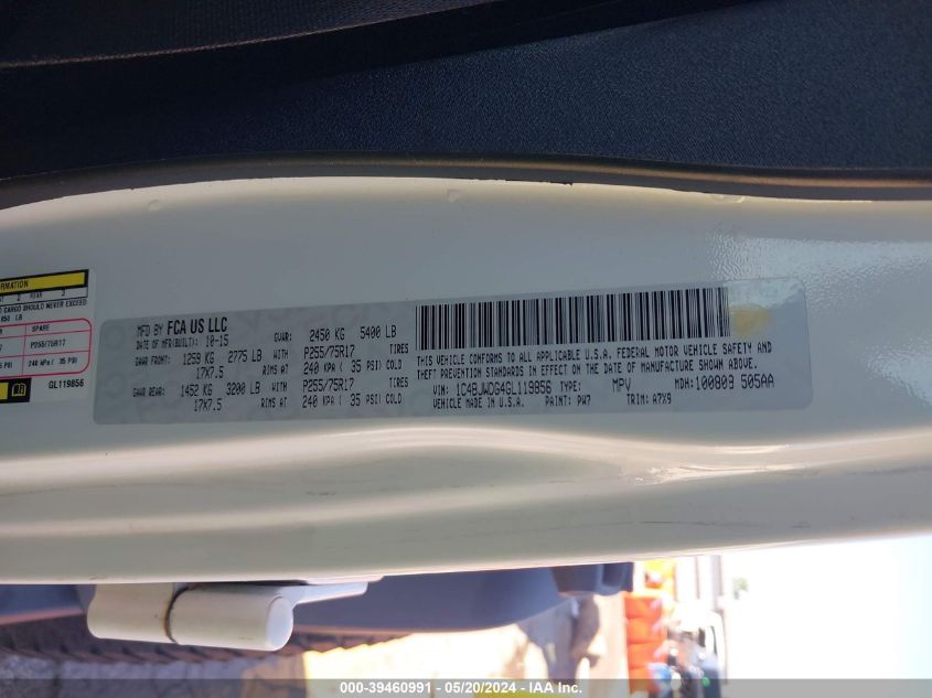 2016 Jeep Wrangler Unlimited Sport VIN: 1C4BJWDG4GL119856 Lot: 39460991