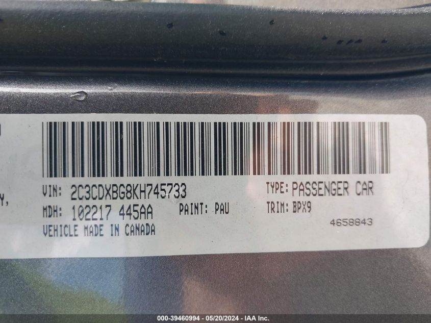 2019 Dodge Charger Sxt Rwd VIN: 2C3CDXBG8KH745733 Lot: 39460994