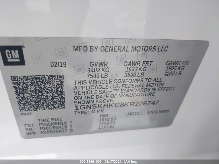 2019 Chevrolet Suburban Lt VIN: 1GNSKHKC8KR276747 Lot: 39461003