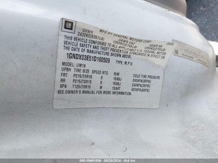 2001 Chevrolet Venture Plus VIN: 1GNDX03E51D160509 Lot: 39461006