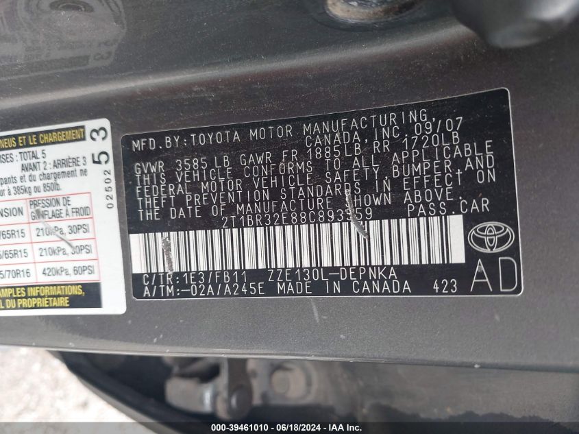 2008 Toyota Corolla Le VIN: 2T1BR32E88C893559 Lot: 39461010