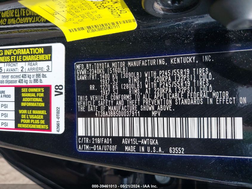 2013 Toyota Venza Le VIN: 4T3BA3BB5DU037911 Lot: 39461013