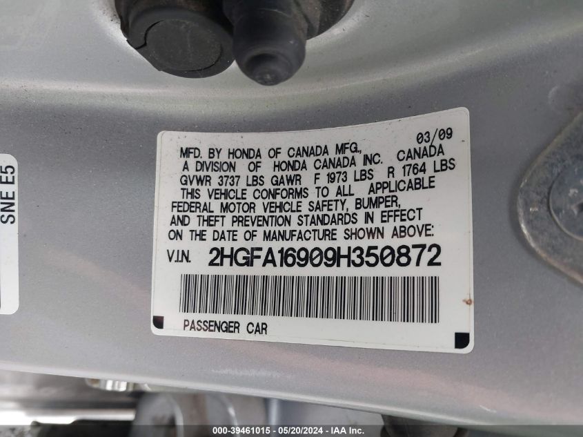 2009 Honda Civic Ex-L VIN: 2HGFA16909H350872 Lot: 39461015