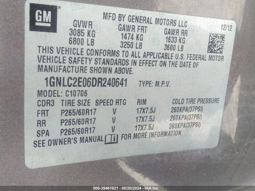 2013 Chevrolet Tahoe Commercial VIN: 1GNLC2E06DR240641 Lot: 39461021