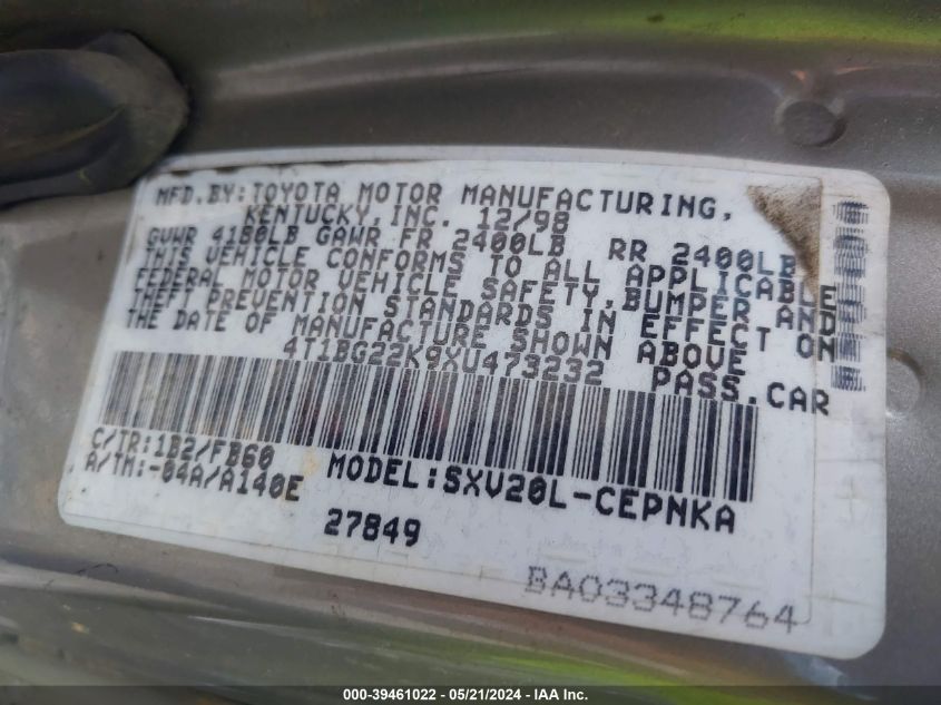 1999 Toyota Camry Le VIN: 4T1BG22K9XU473232 Lot: 39461022