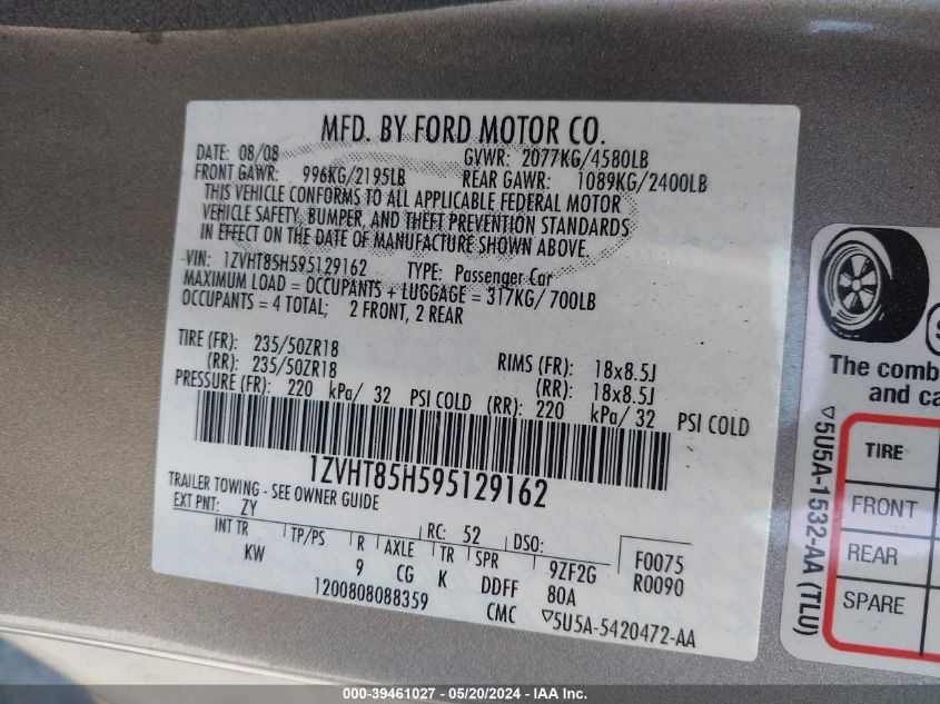 2009 Ford Mustang Gt VIN: 1ZVHT85H595129162 Lot: 39461027