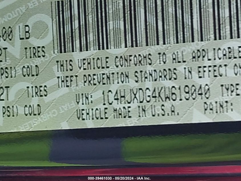 2019 Jeep Wrangler Unlimited Sport S 4X4 VIN: 1C4HJXDG4KW619040 Lot: 39461030