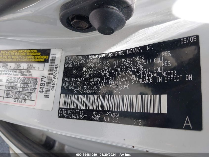 2006 Toyota Sienna Xle VIN: 5TDZA22C66S398795 Lot: 39461050