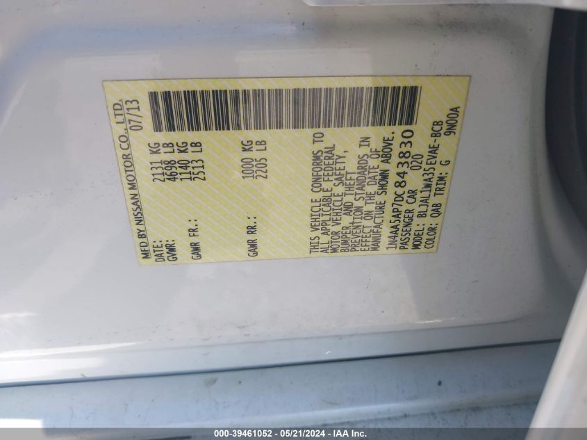 2013 Nissan Maxima 3.5 Sv VIN: 1N4AA5AP7DC843830 Lot: 39461052